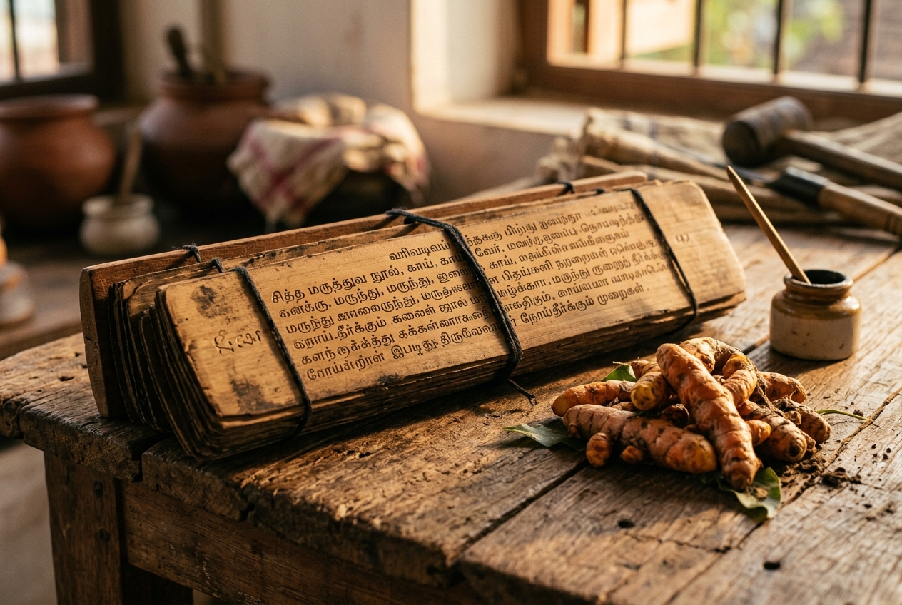 Ancient Tamil Siddha medicine manuscripts with turmeric roots